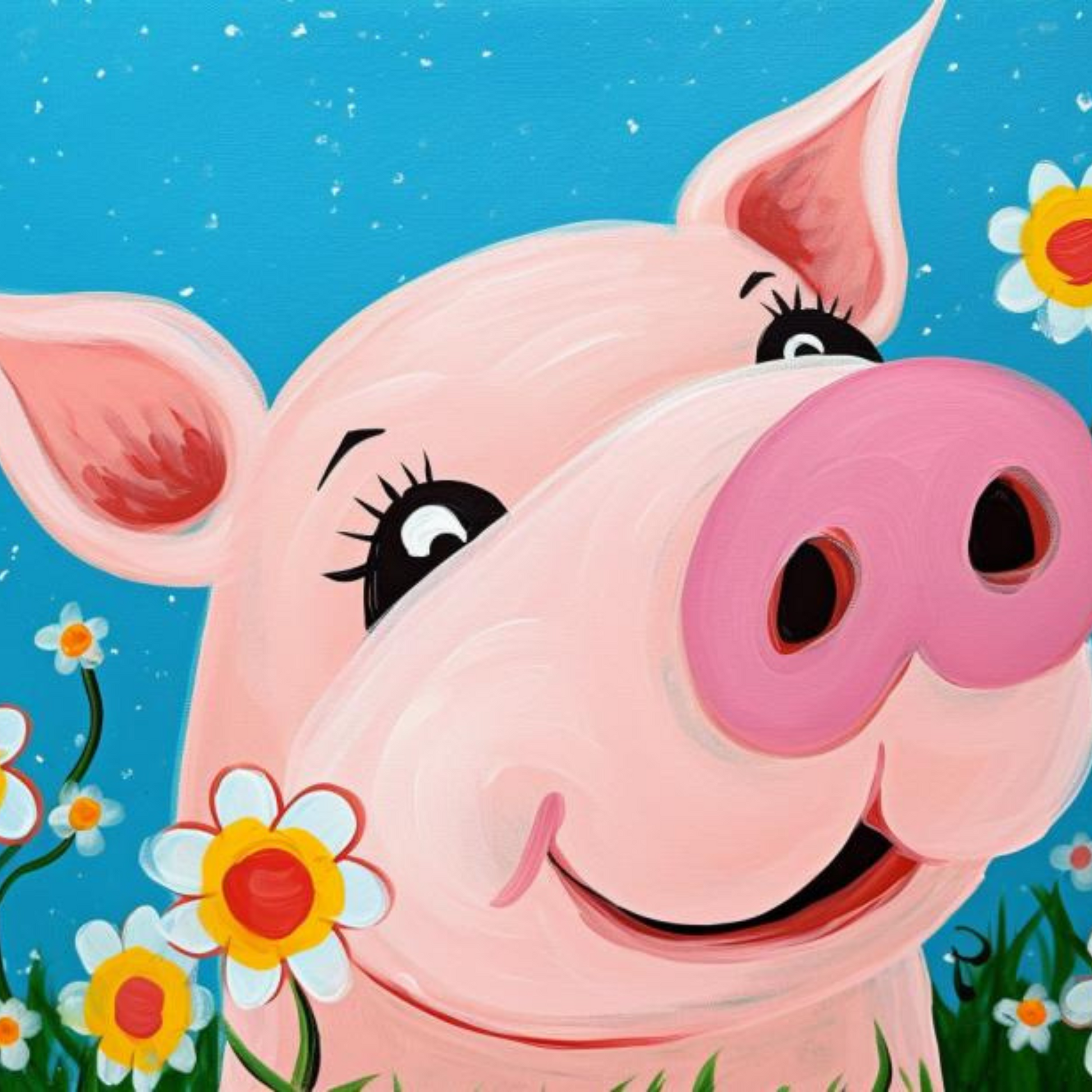 Pretty in Pink Pig floral pig paint and sip class artwork