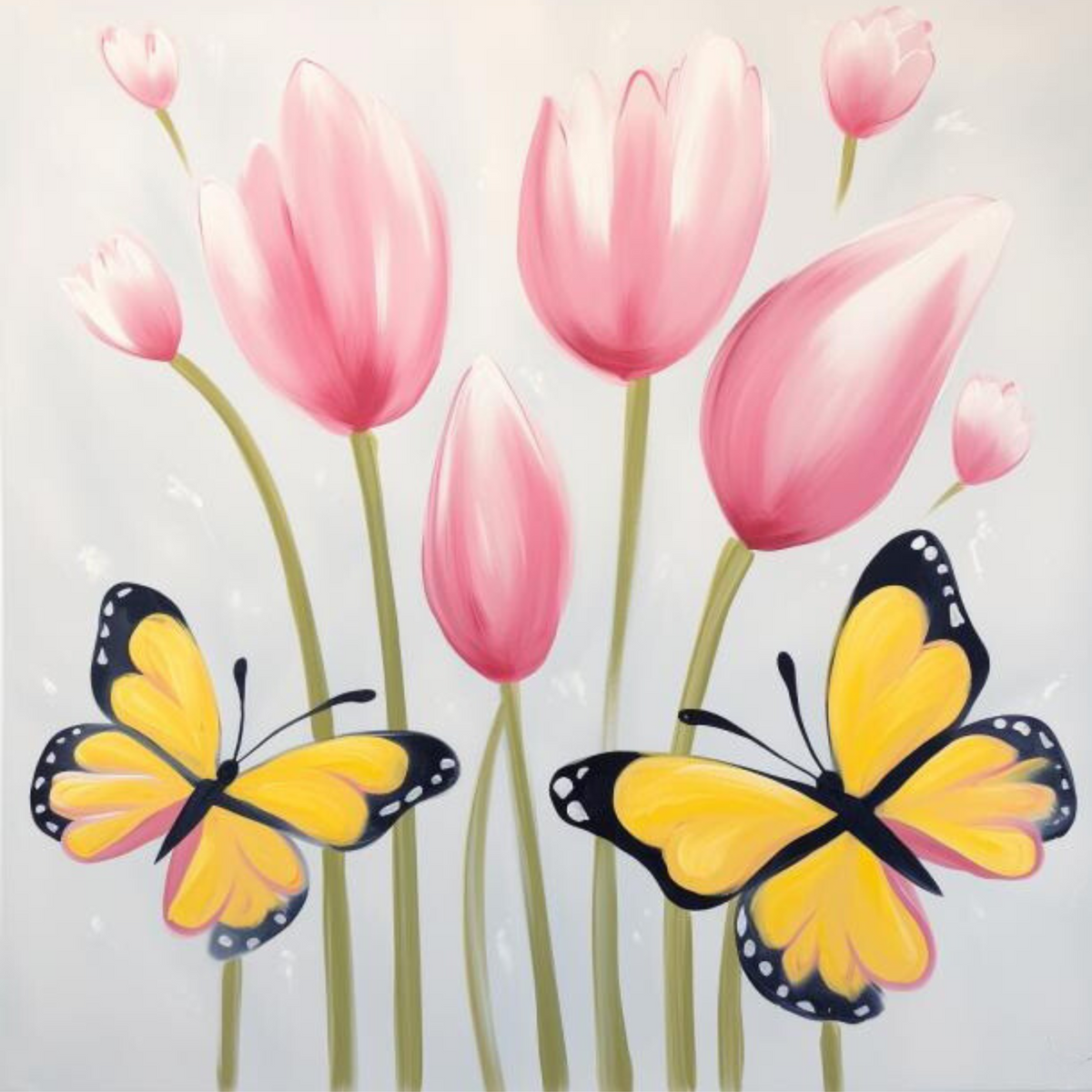 Tulips and Butterflies painting, pink tulips with two yellow butterflies
